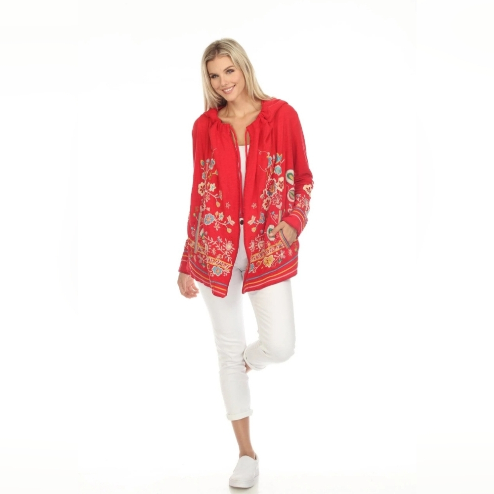 Johnny Was Jemima Hoodie in red with colorful floral embroidery Size S - Picture 2 of 8